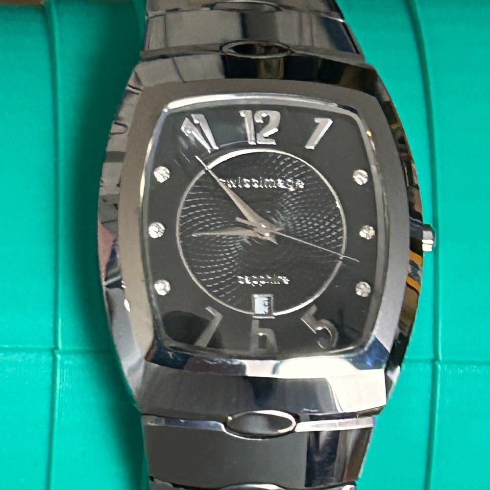 Swissimage H281M Mens Swiss Quartz Watch Black Dial Tungsten Bezel Sapphire 34mm